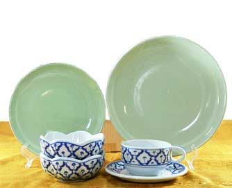 Thai Green plates and Blue & White Ceramic set